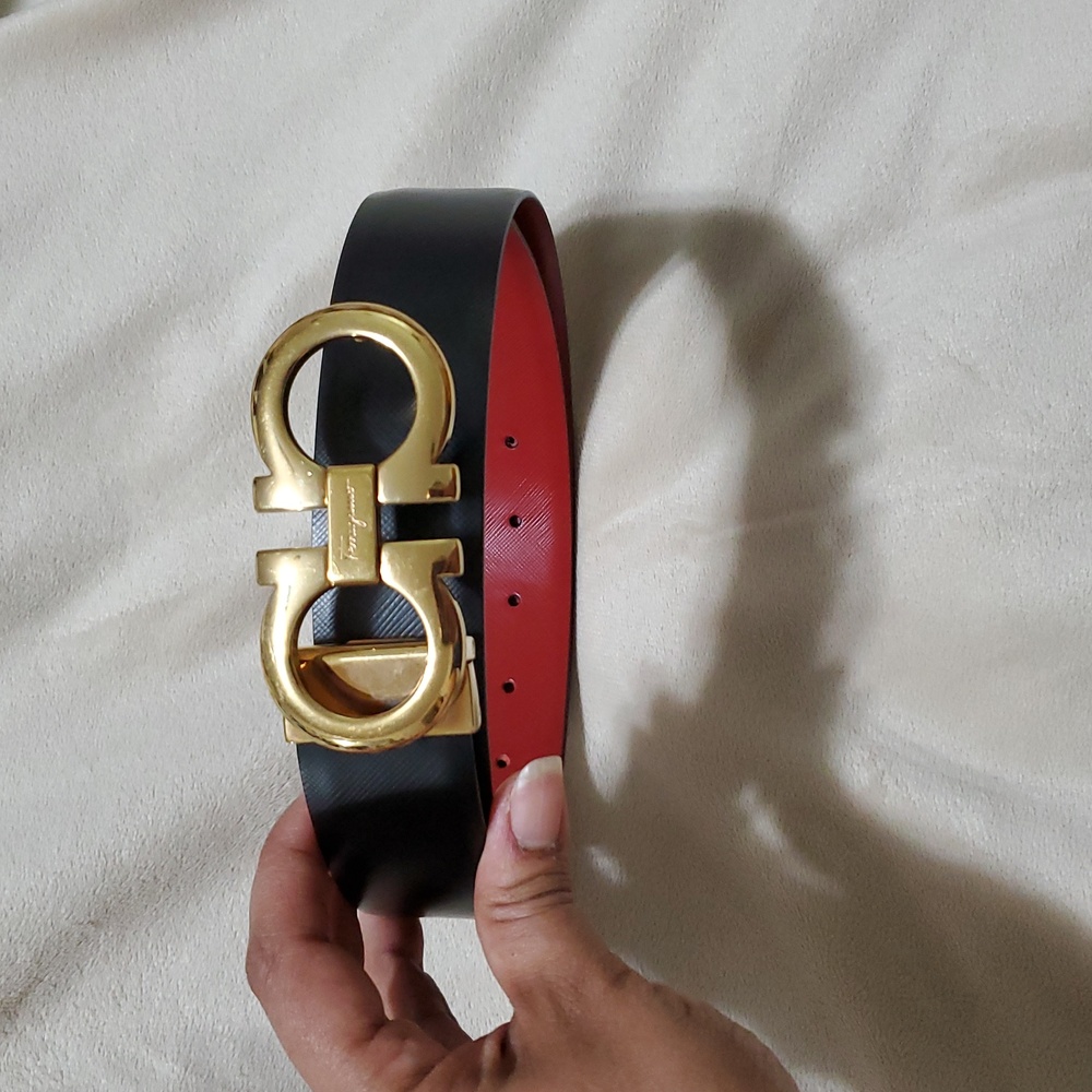 Salvatore Ferragamo Reversible Black and Red Belt with Gold Buckle